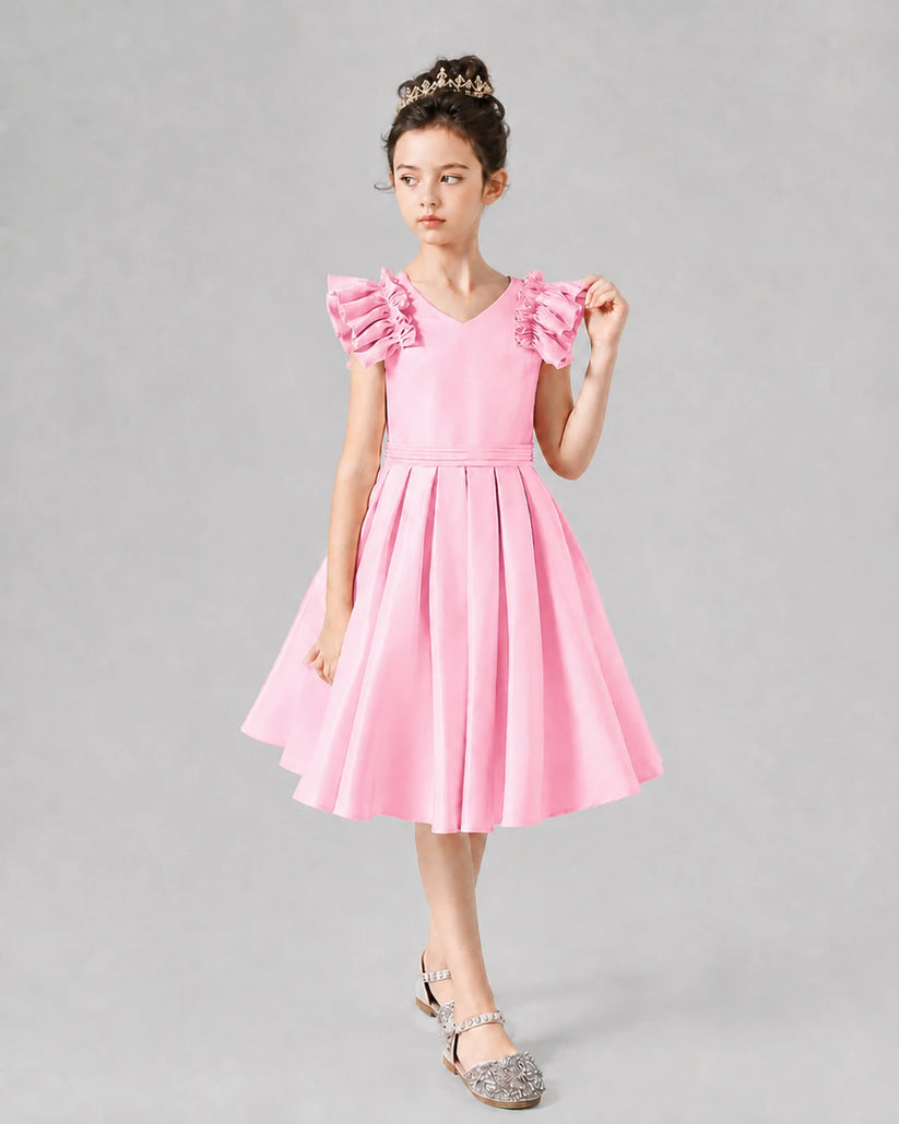 Pink Satin Ruffled V-Neck A-Line Girls Formal Dresses