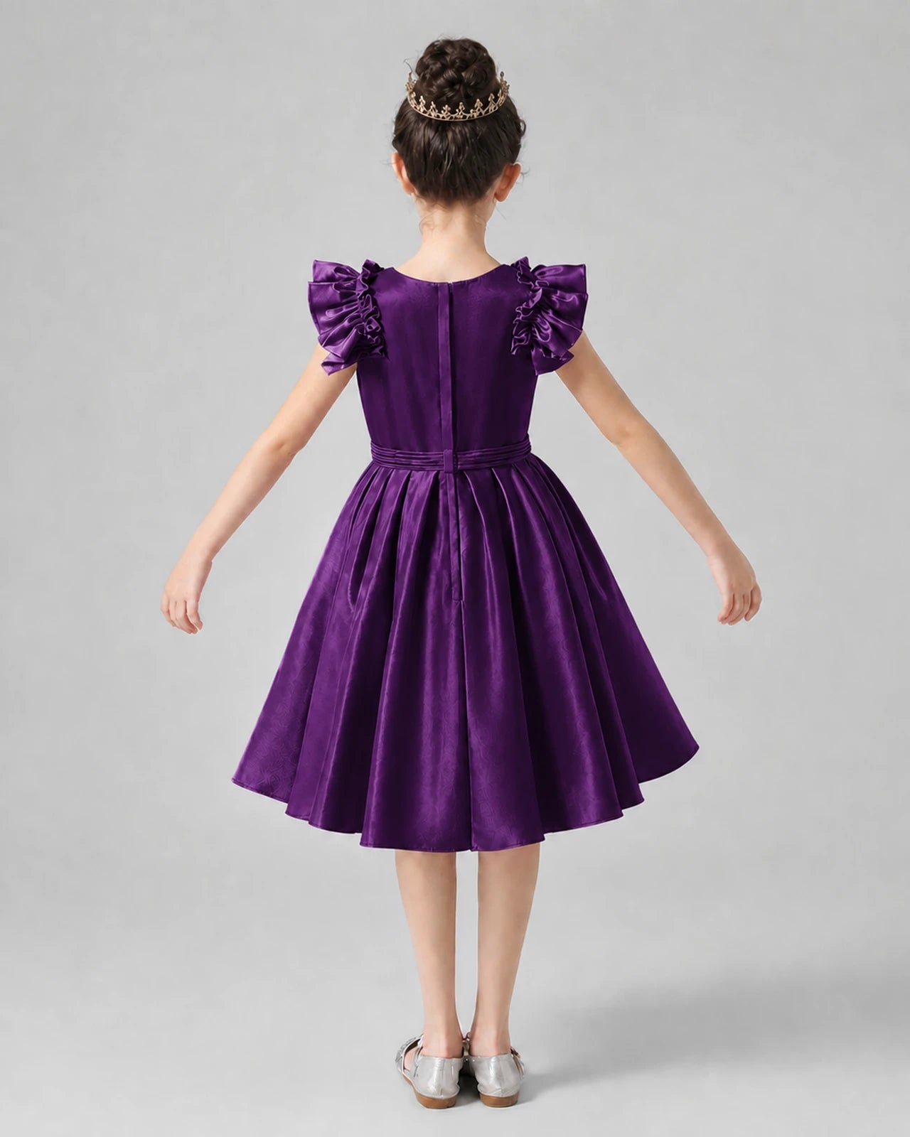 Purple Satin Ruffled A-Line Girls Formal Dresses Back View
