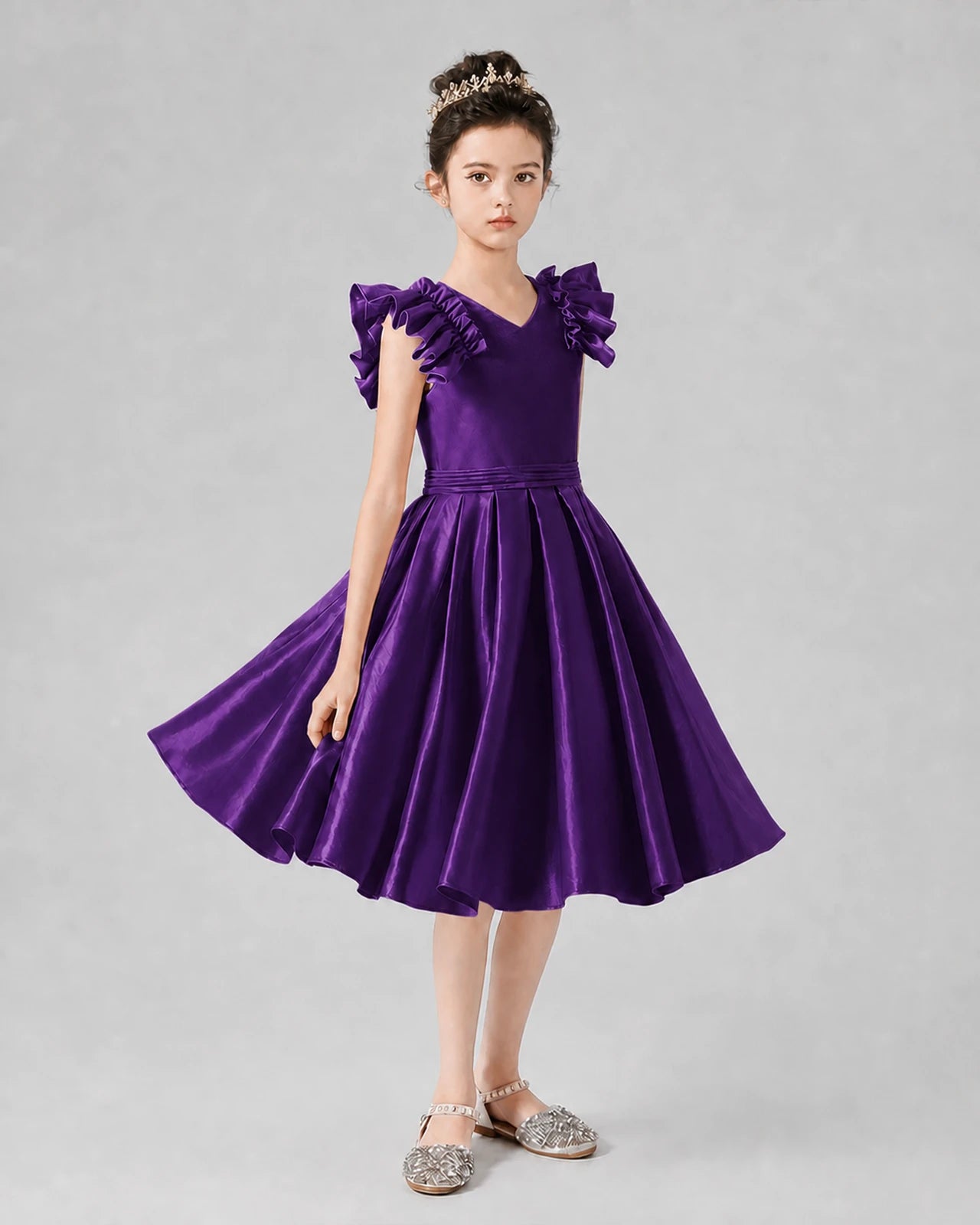 Purple Satin Ruffled A-Line Girls Formal Dresses Front View