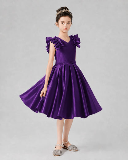 Purple Satin Ruffled A-Line Girls Formal Dresses Front View