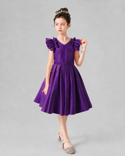 Purple Satin Ruffled V-Neck A-Line Girls Formal Dresses
