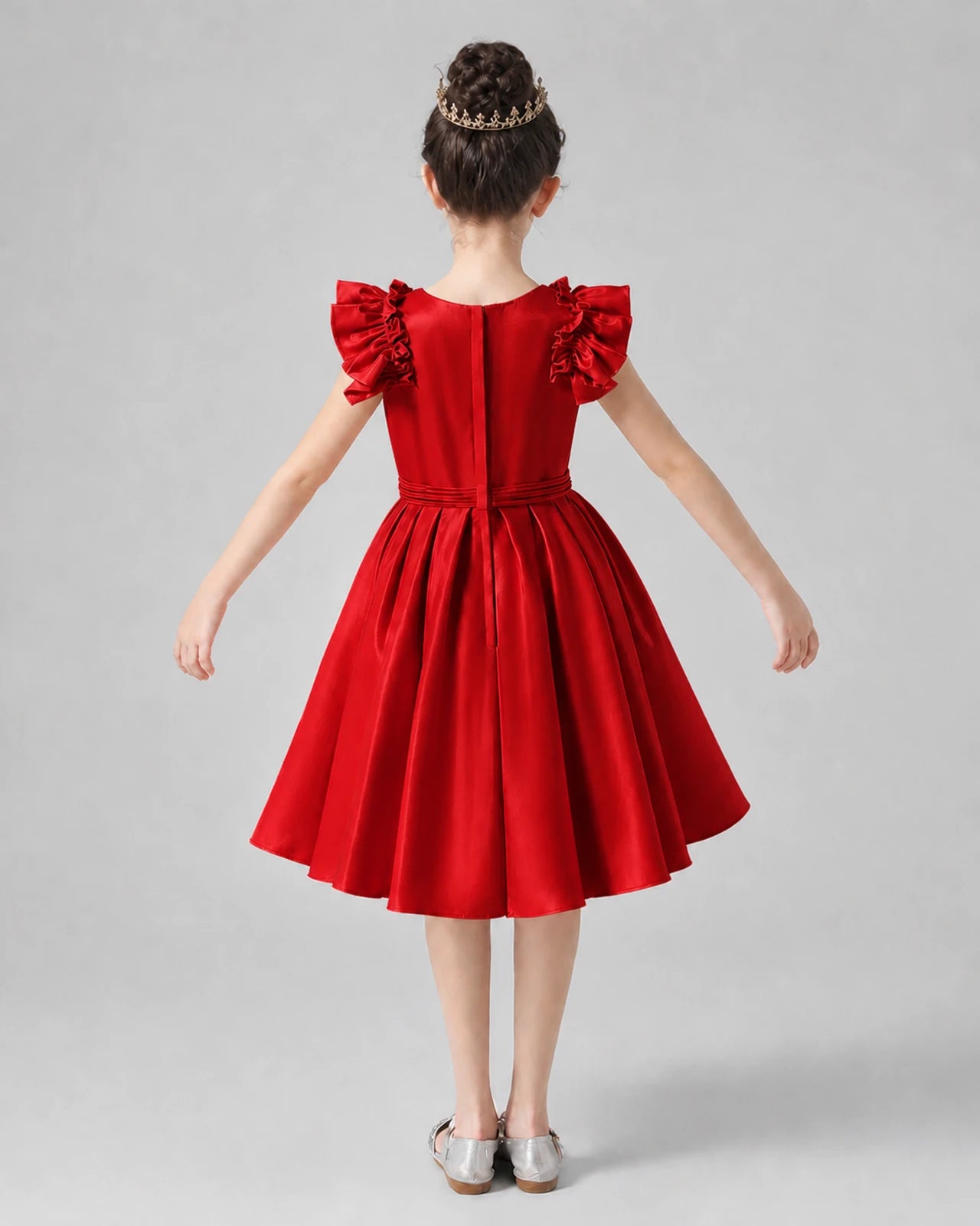 Red satin ruffled A-line girls formal dresses back view