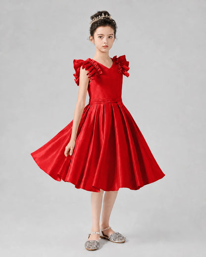 Red Satin Ruffled A-Line Girls Formal Dresses Front View