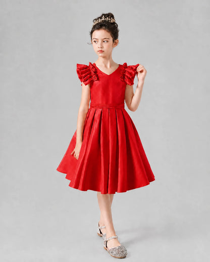 Red Satin Ruffle-Sleeve A-Line Girls Formal Dresses