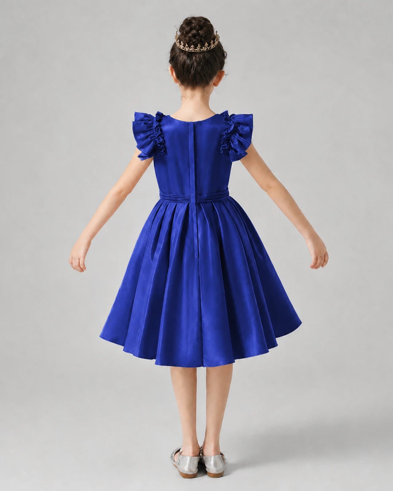 Royal Blue Satin Ruffled Cap Sleeve Girls Formal Dresses Back View