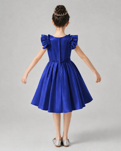 Royal Blue Satin Ruffled Cap Sleeve Girls Formal Dresses Back View