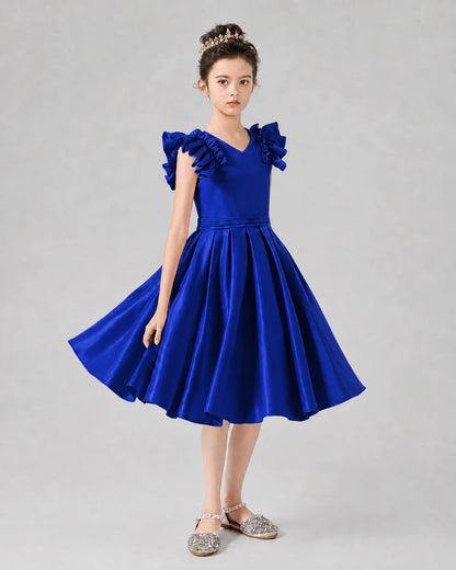 Royal Blue Satin Ruffled A-Line Girls Formal Dresses Front View