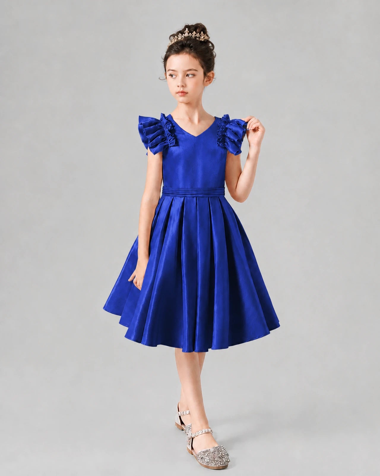 Royal Blue Satin Pleated A-Line Girls Formal Dresses