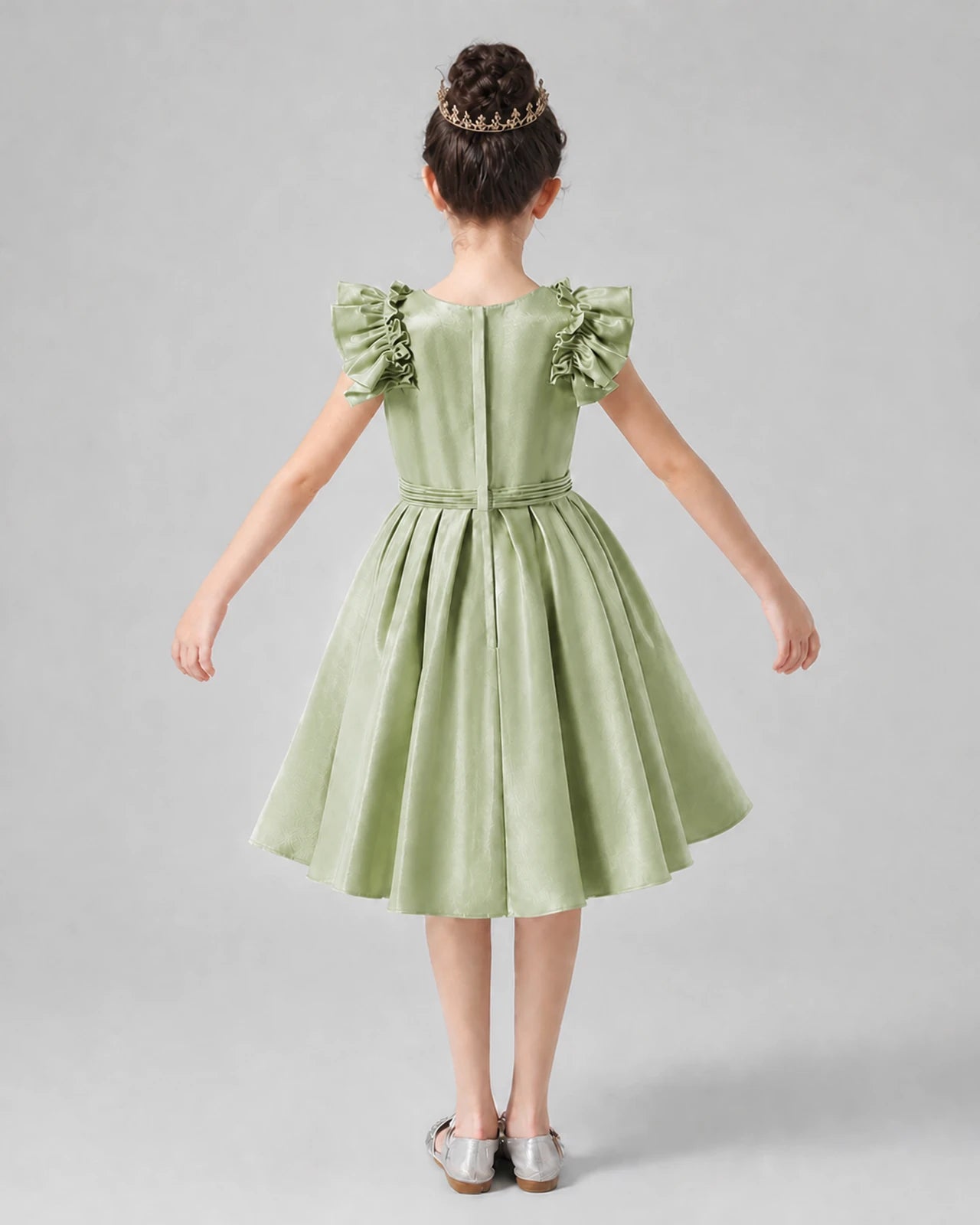 Sage Green Satin Ruffled Sleeve A-Line Girls Formal Dress Back View