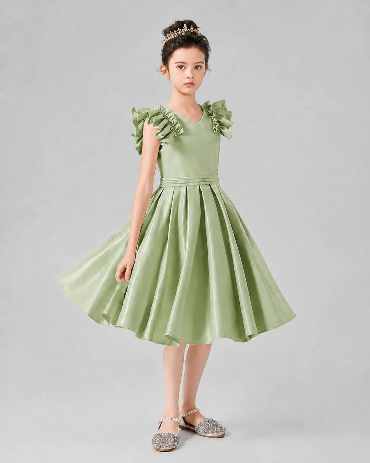 Sage Green Satin Ruffle Sleeve A Line Girls Formal Dresses Front View