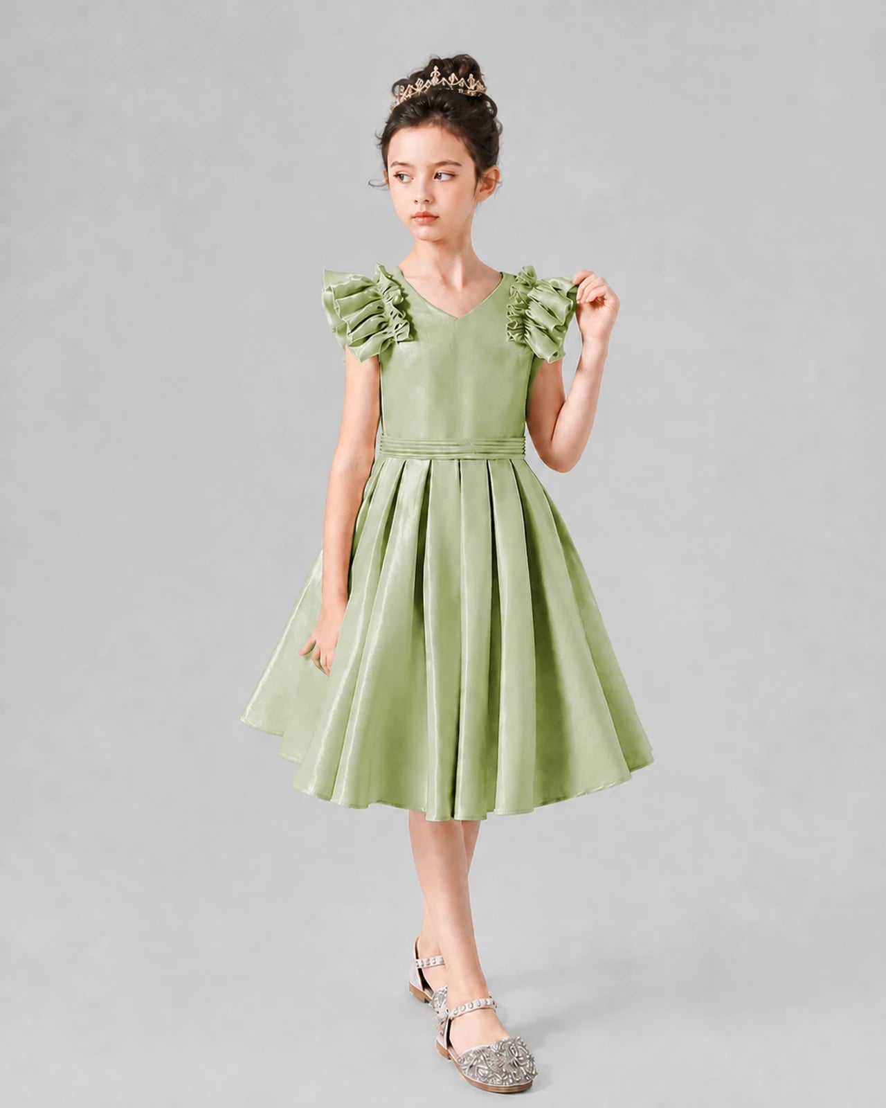 Sage Green Satin Ruffled Sleeve A-Line Girls Formal Dresses