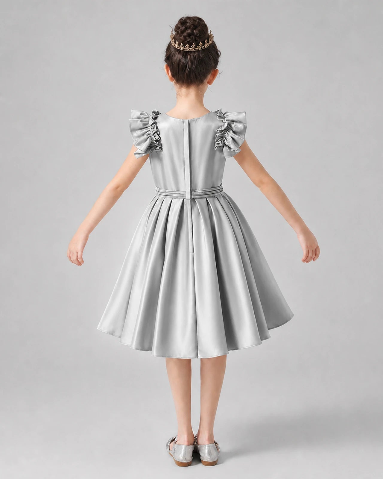 Silver Satin Ruffled A-Line Girls Formal Dresses Back View