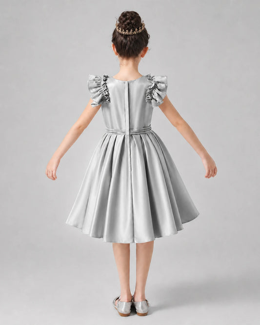 Silver Satin Ruffled A-Line Girls Formal Dresses Back View