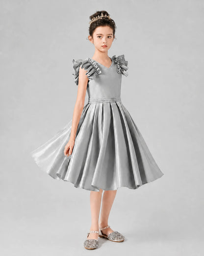 Silver Satin Ruffle Sleeve Girls Formal Dresses Front View