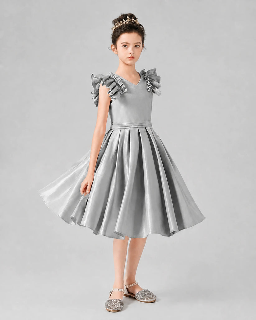 Silver Satin Ruffle Sleeve Girls Formal Dresses Front View