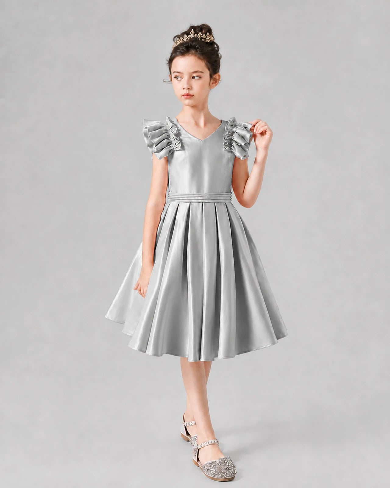 Silver Satin Ruffled A-Line Girls Formal Dresses