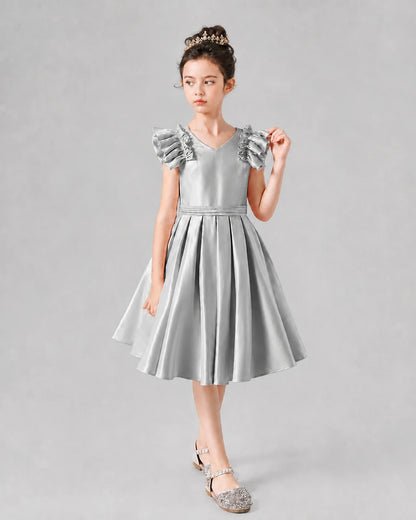Silver Satin Ruffled A-Line Girls Formal Dresses