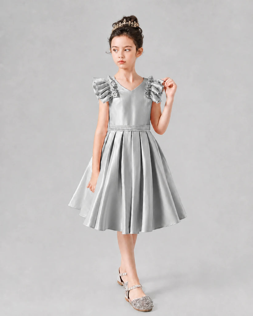 Silver Satin Ruffled A-Line Girls Formal Dresses
