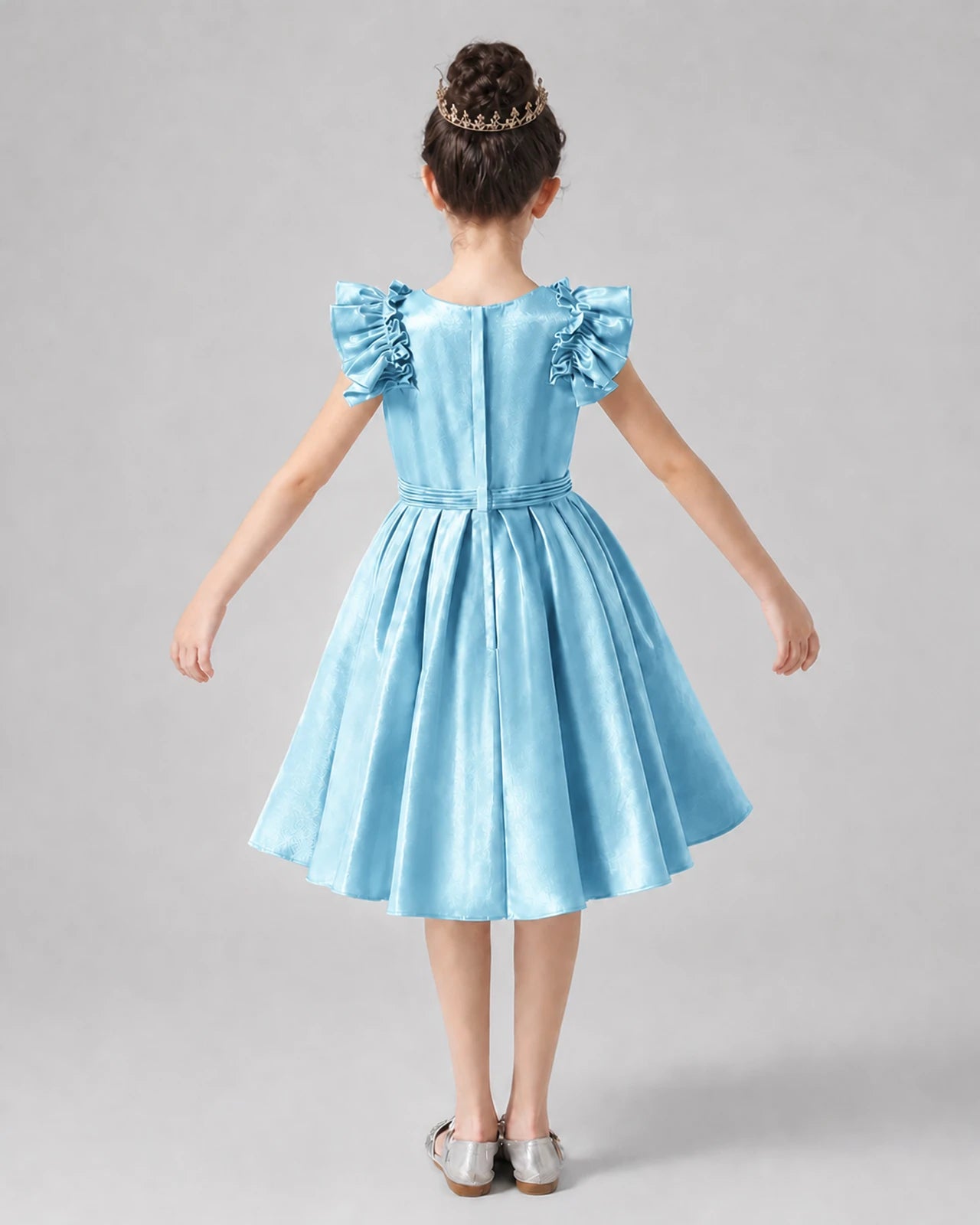 Sky Blue Satin Ruffle-Sleeve A-Line Girls Formal Dresses Back View
