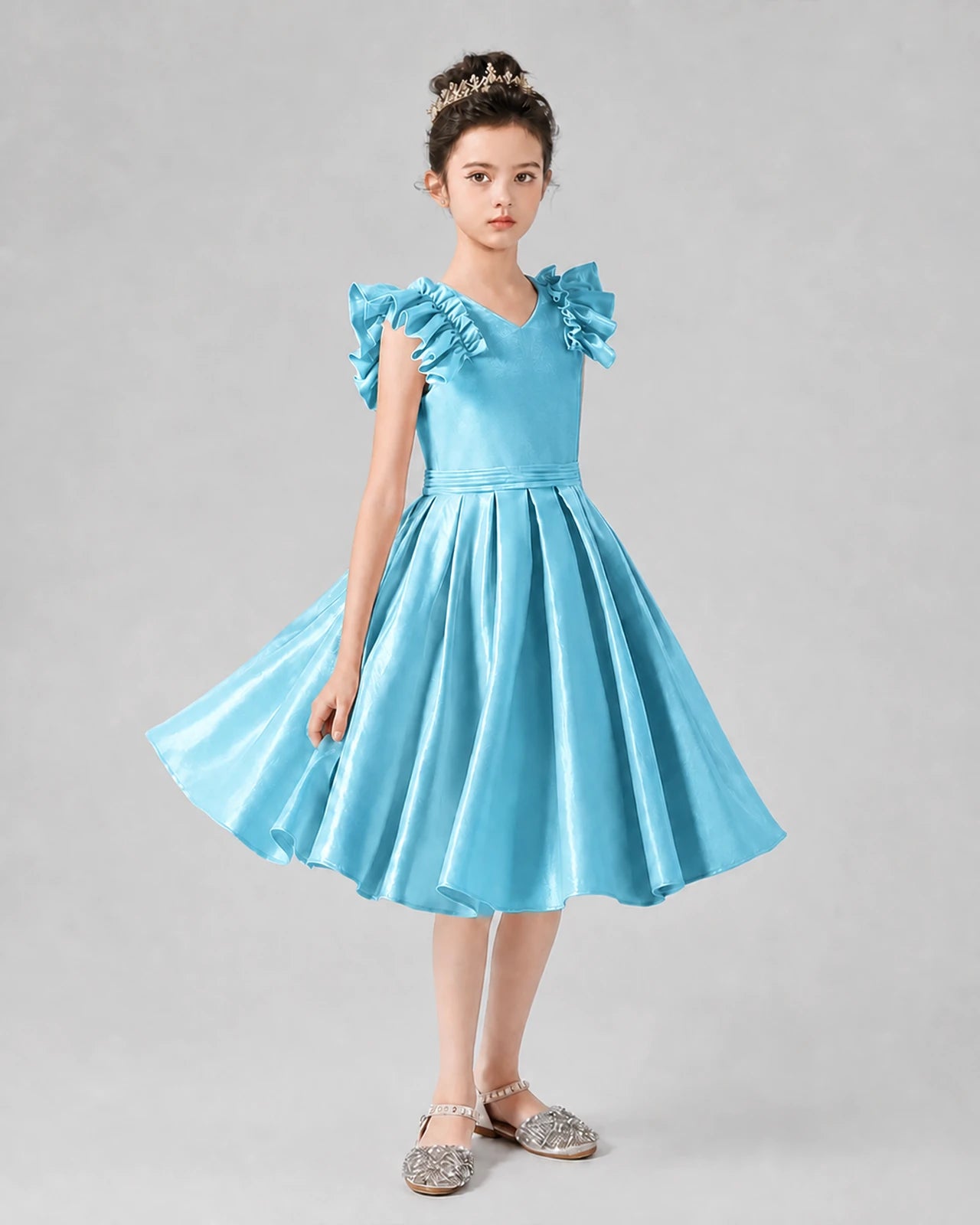 Sky Blue Satin Ruffled A-Line Girls Formal Dresses Front View