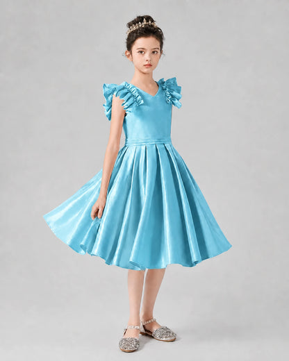 Sky Blue Satin Ruffled A-Line Girls Formal Dresses Front View