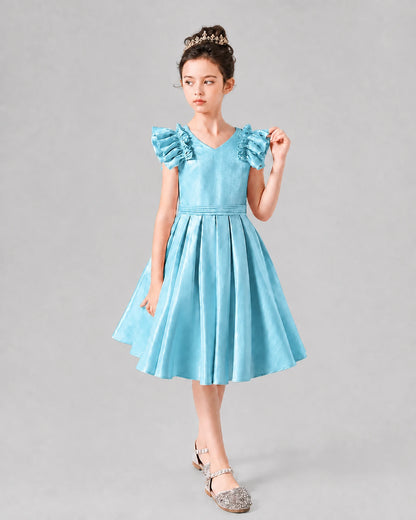 Sky Blue Satin Ruffled Sleeve Girls Formal Dresses