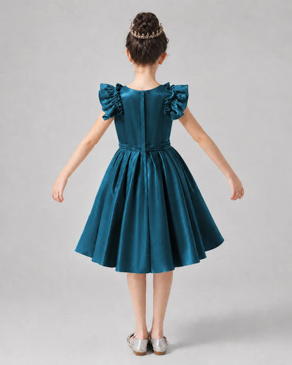 Teal Satin Ruffled A-Line Girls Formal Dresses Back View