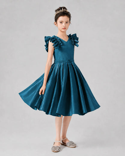 Teal Satin Ruffled A-Line Girls Formal Dresses Front View