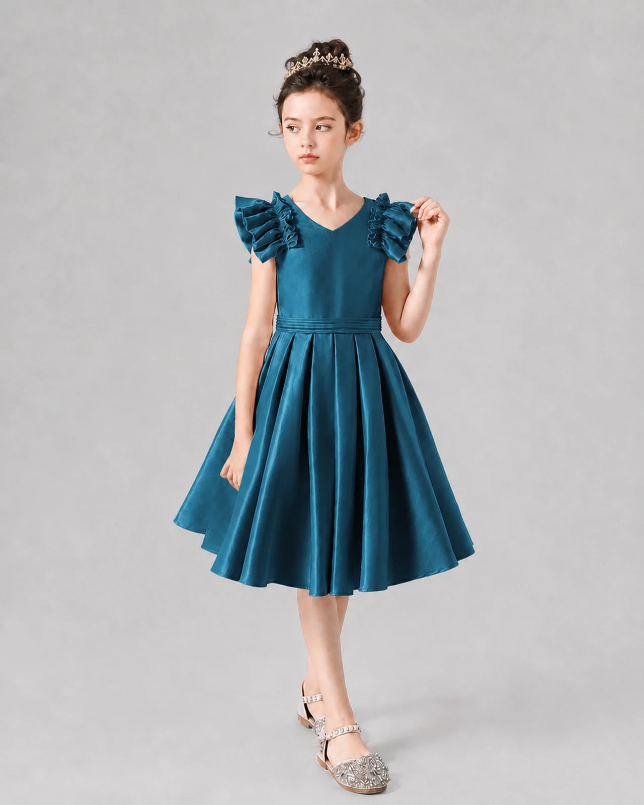 Teal Satin Ruffled V-Neck A-Line Girls Formal Dresses