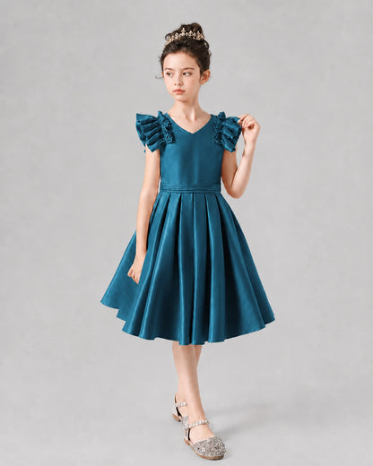 Teal Satin Ruffled V-Neck A-Line Girls Formal Dresses