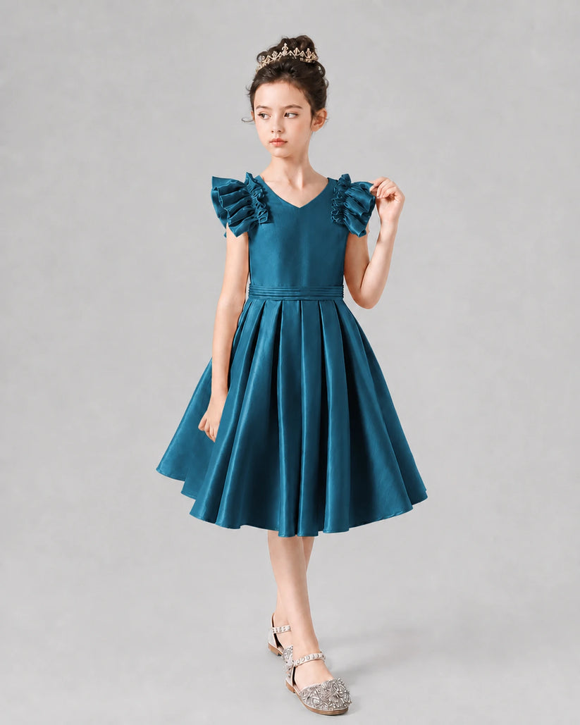 Teal Satin Ruffled V-Neck A-Line Girls Formal Dresses