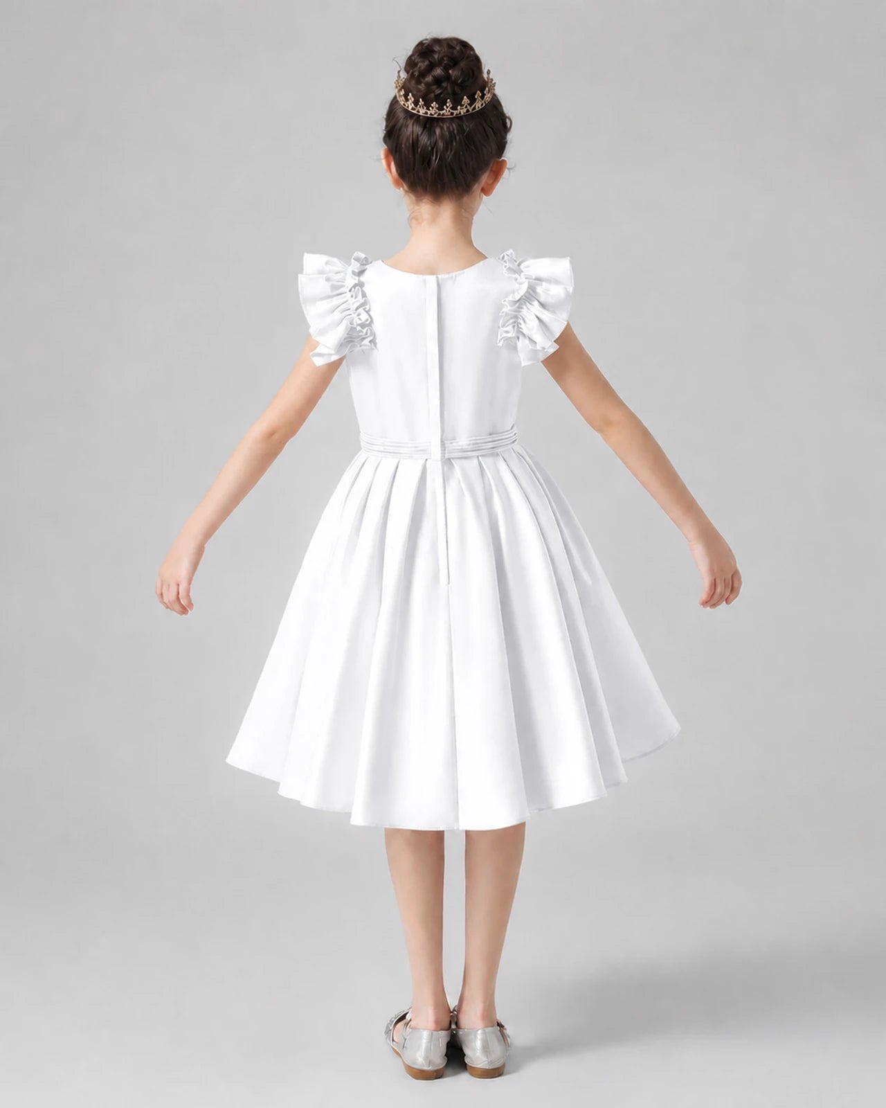White Satin Ruffled A-Line Girls Formal Dresses Back View
