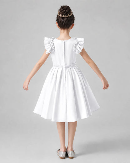 White Satin Ruffled A-Line Girls Formal Dresses Back View