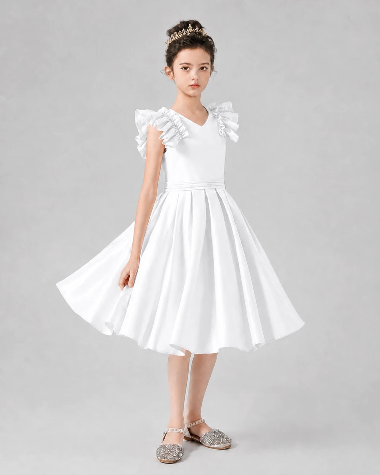 White satin ruffled-sleeve pleated A-line girls formal dress Front View