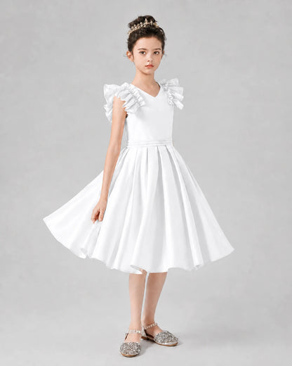 White satin ruffled-sleeve pleated A-line girls formal dress Front View