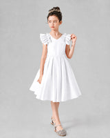 White satin ruffled sleeve A-line girls formal dress