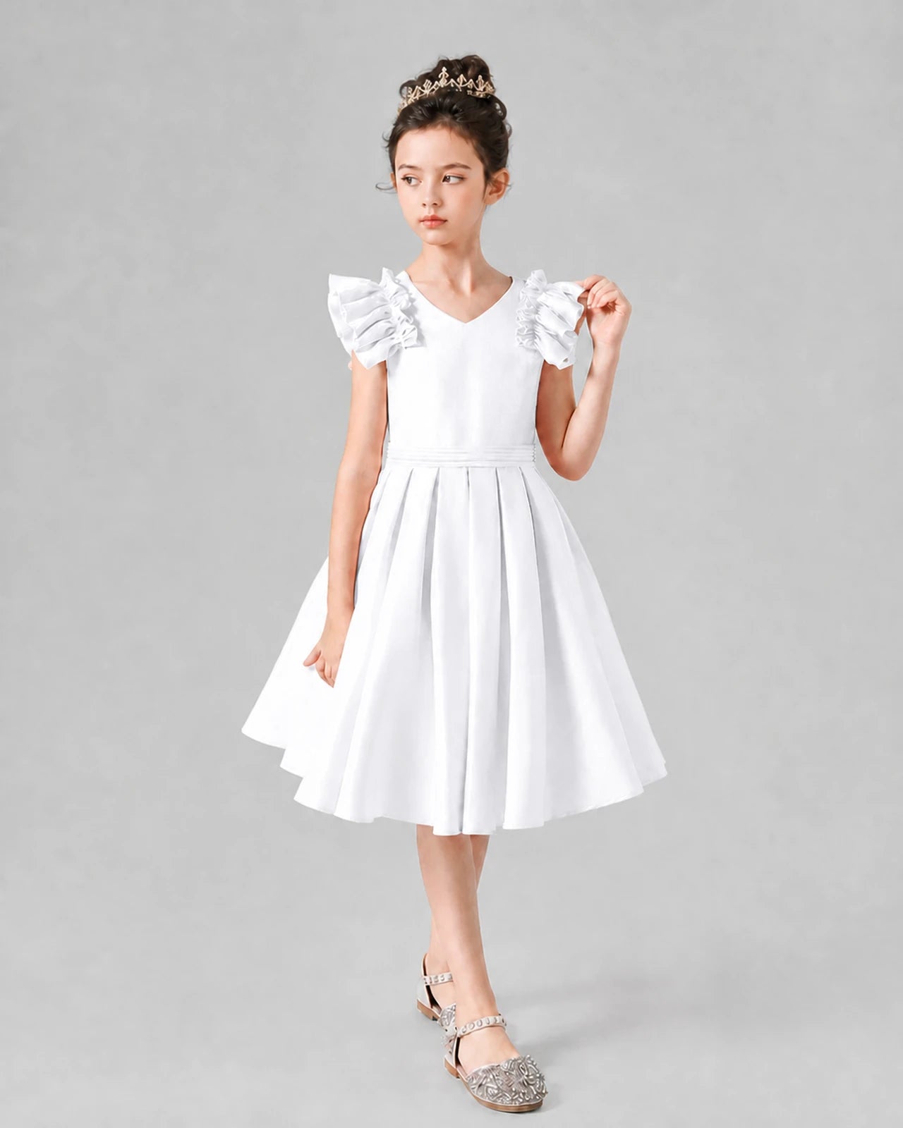 White satin ruffled sleeve A-line girls formal dress