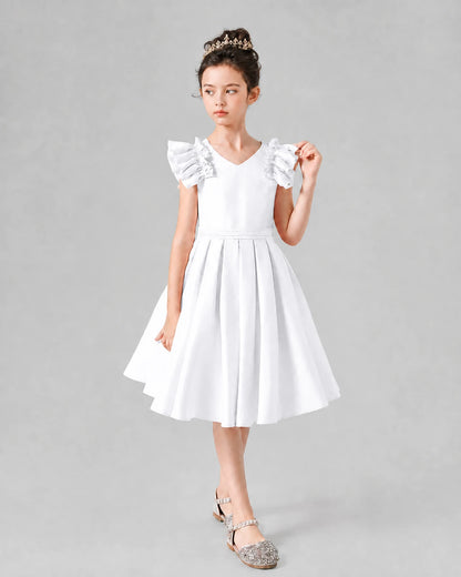 White satin ruffled sleeve A-line girls formal dress