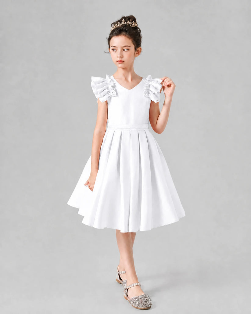 White satin ruffled sleeve A-line girls formal dress