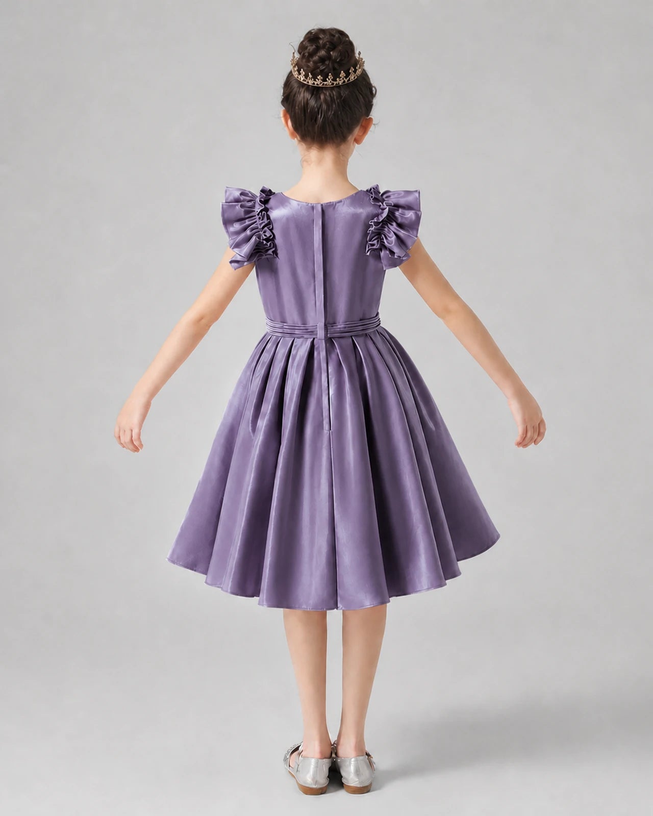 Wisteria satin ruffled sleeve pleated girls formal dresses Back View