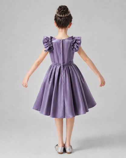 Wisteria satin ruffled sleeve pleated girls formal dresses Back View
