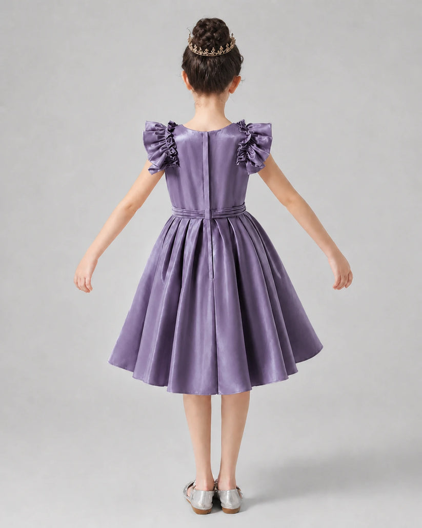Wisteria satin ruffled sleeve pleated girls formal dresses Back View