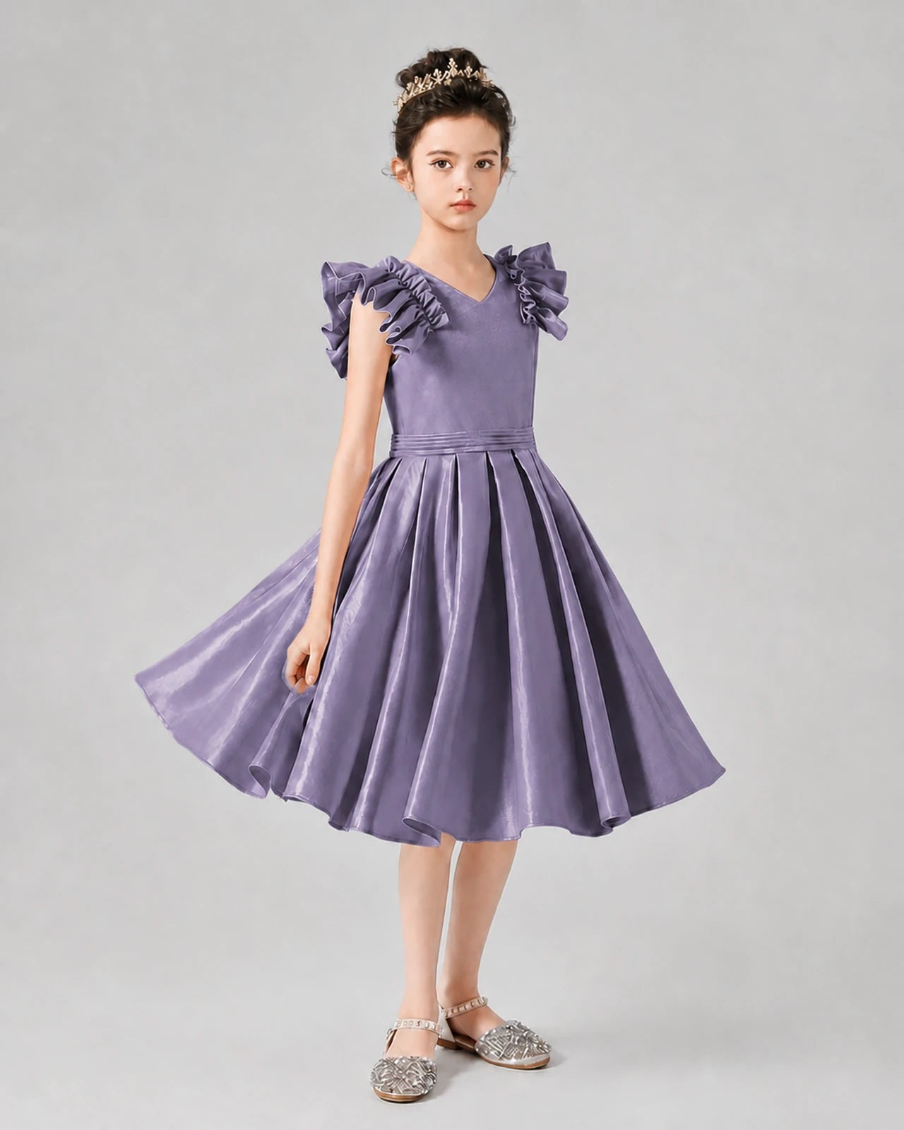 Wisteria Satin Ruffled A-Line Girls Formal Dresses Front View