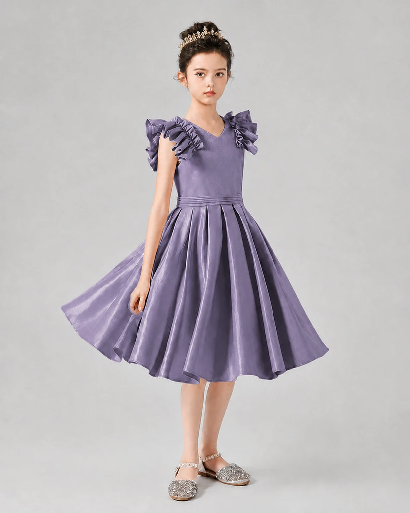 Wisteria Satin Ruffled A-Line Girls Formal Dresses Front View