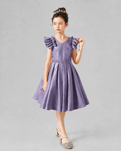 Wisteria Satin Ruffle Sleeve Girls Formal Dresses