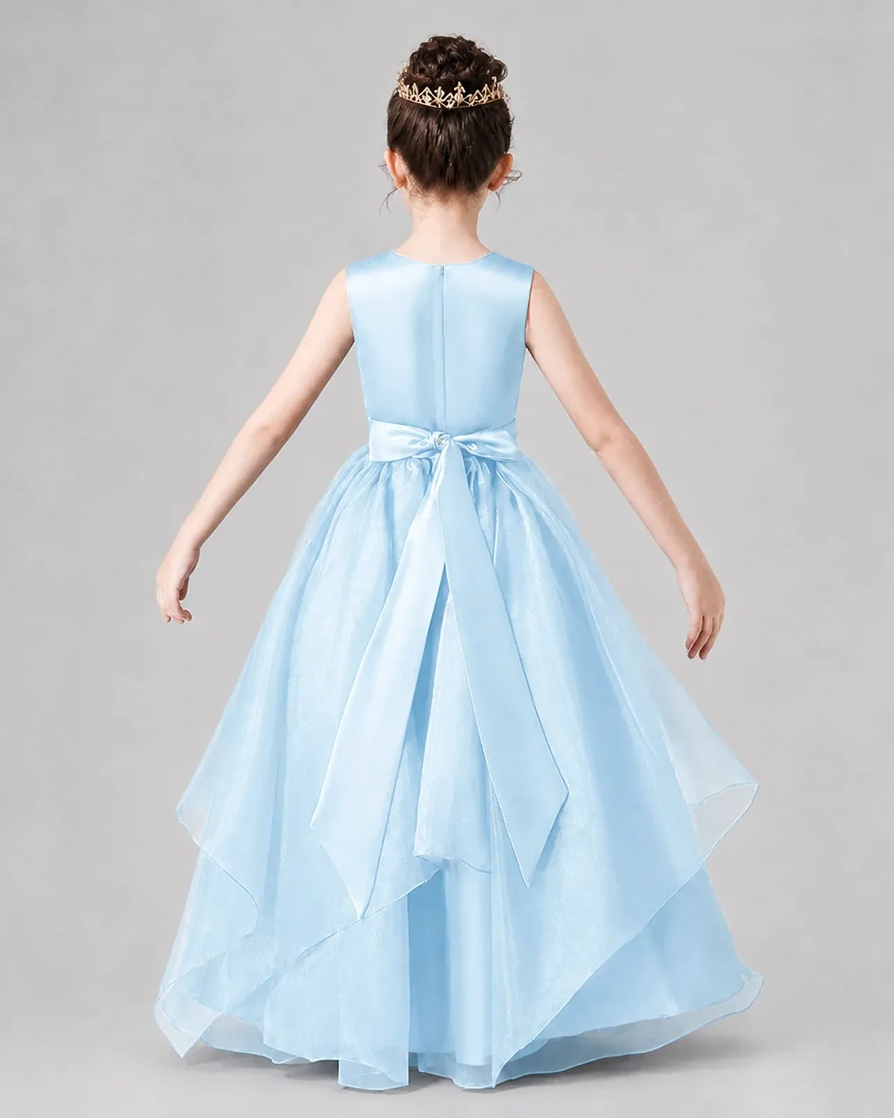 Baby Blue Satin and Tulle A-Line Dress Girls Formal Dresses Back View