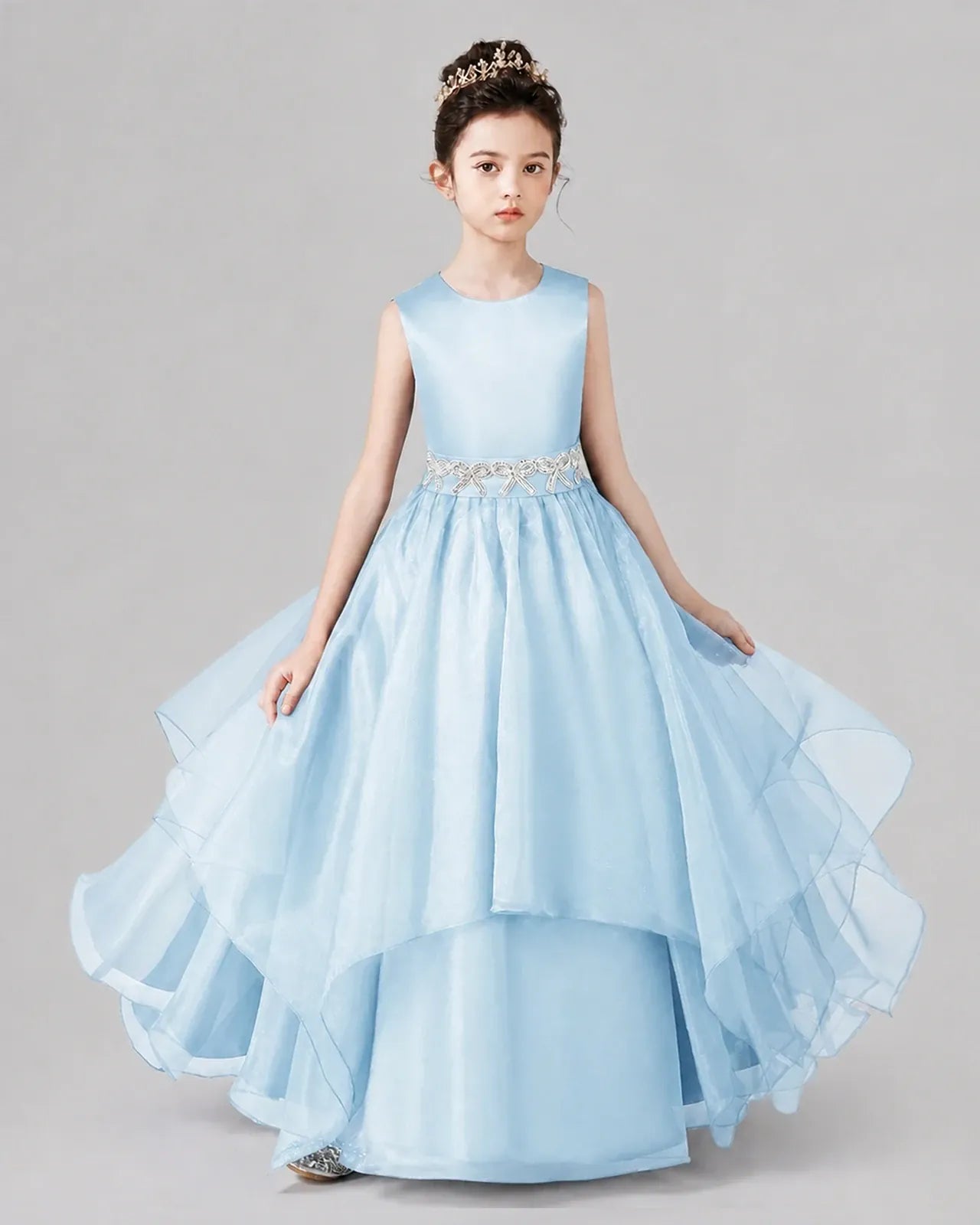 Baby Blue Satin and Tulle Tiered A-Line Girls Formal Dresses Front View