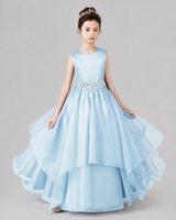 Baby Blue Satin and Tulle Tiered A-Line Girls Formal Dresses Front View