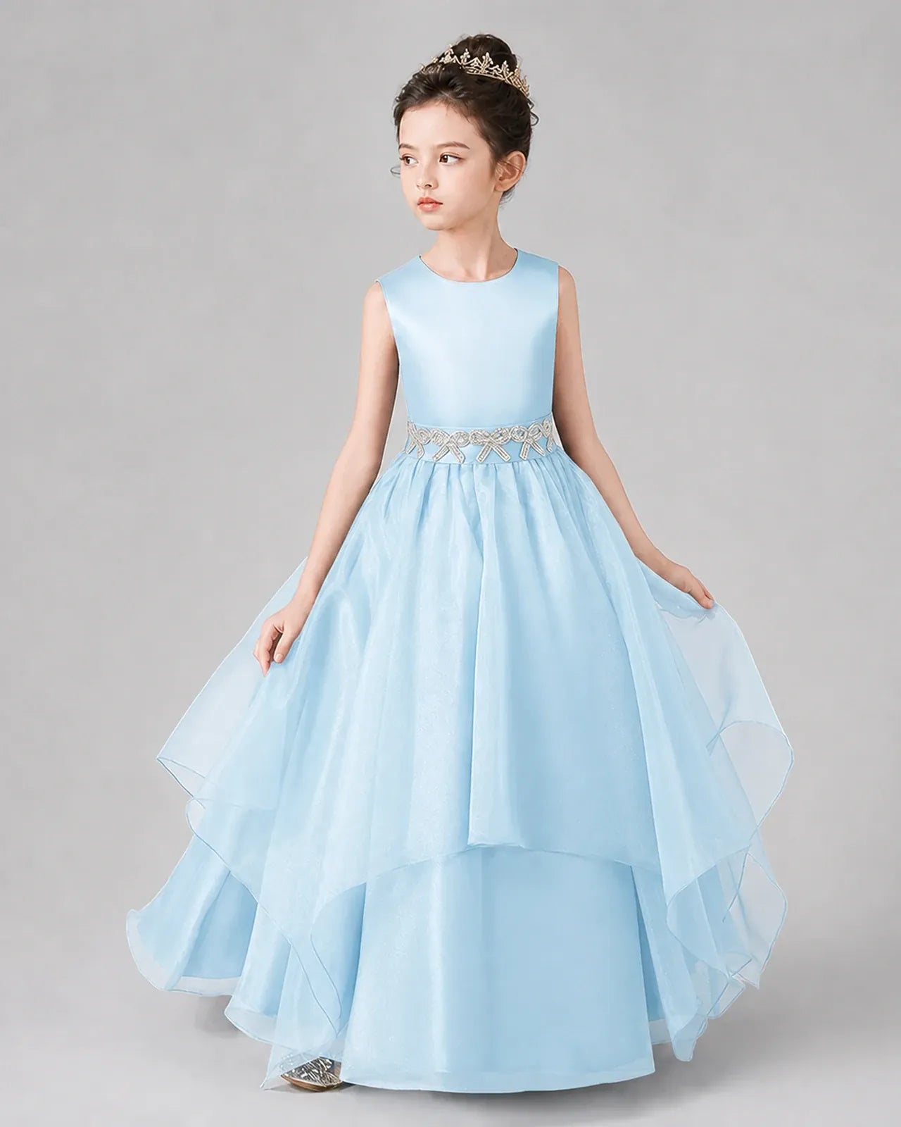 Baby Blue Satin Tulle A-Line Girls Formal Dresses Side View