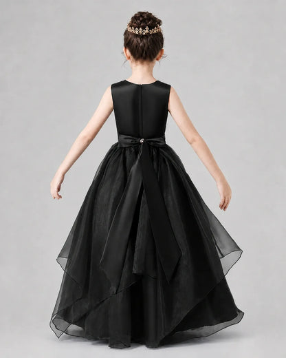 Black Satin Tulle A-Line Girls Formal Dresses Back View